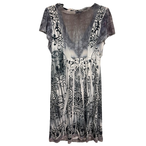 ONE WORLD Dress Knee Length Black White Gray Studded Mesh Flutter Sleeve Small - Picture 2 of 10